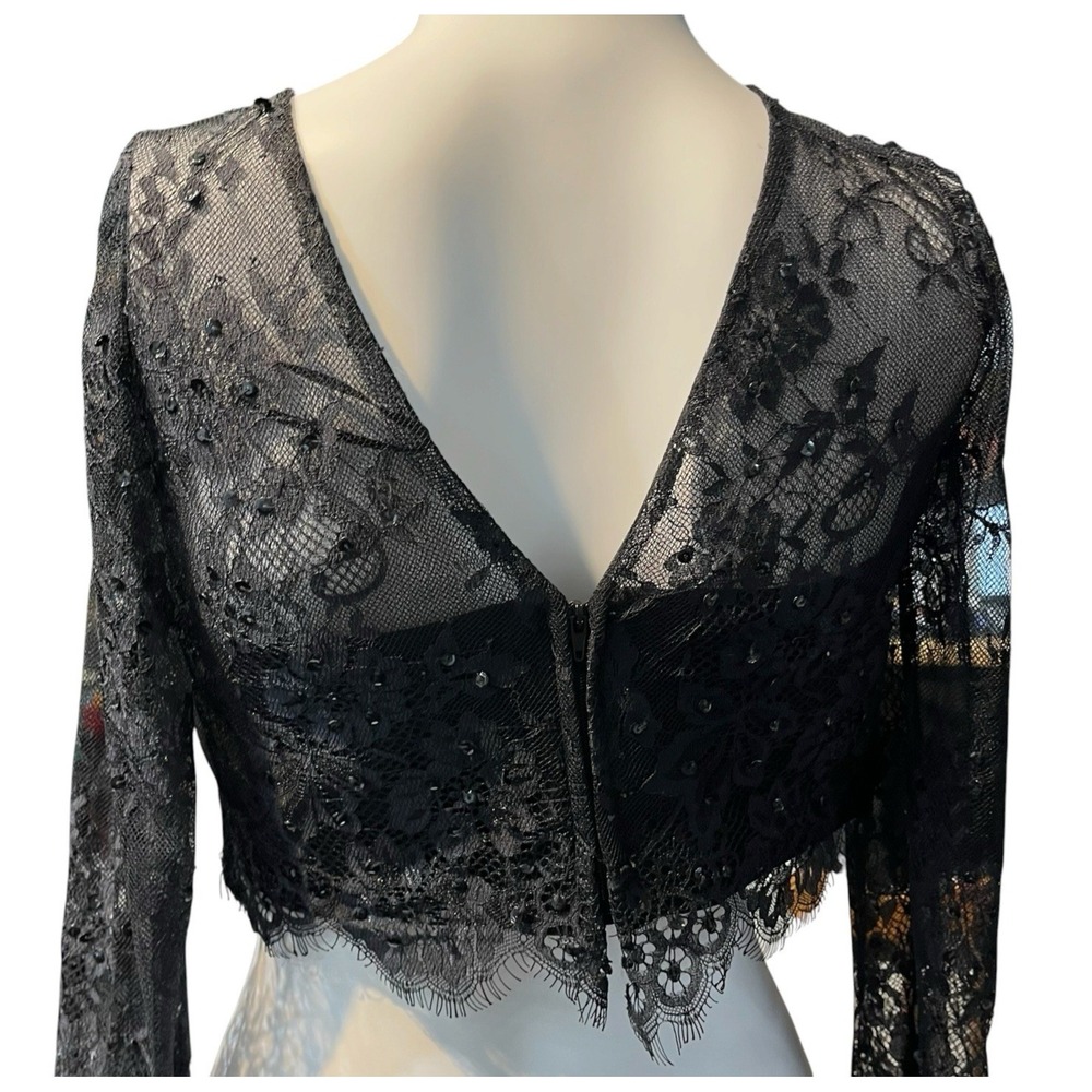 Black Sheer Lace Crop Top L Sequin Long Sleeve Whimsigoth Fairy Grunge Y2K Event